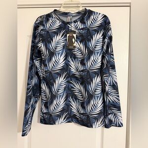 Nicole Miller Navy, White and Light Blue Palm-Leaf Long Sleeve Swim Rushguard